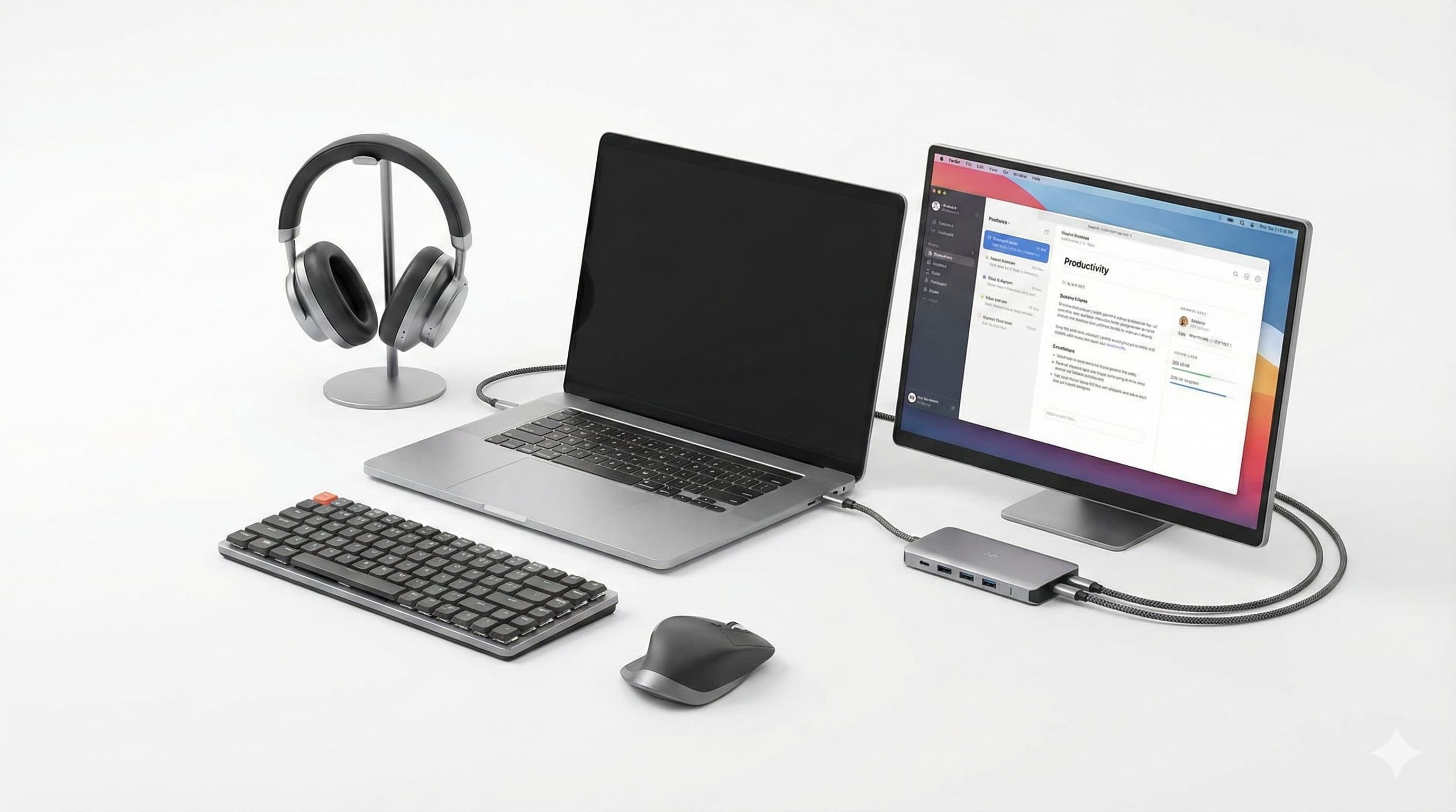 Setup de notebook com periféricos essenciais